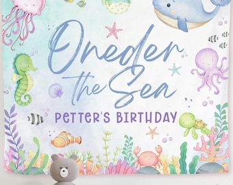 Personalized 1st Birthday Decoration, Custom Ocean Animals Birthday Decor Tapestry Hanging, Oneder The Sea First Birthday Kids Party Banner
