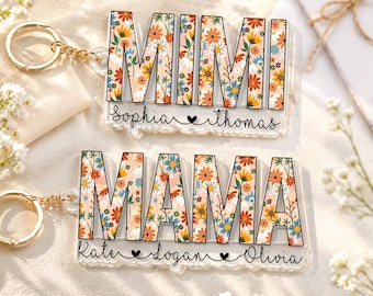 Personalized Mother's Day Gift For Mama, Custom Grandma Keychain, Mimi With Grandkids Name Flowers Keyring, Gift For Grandma, Gift For Mom
