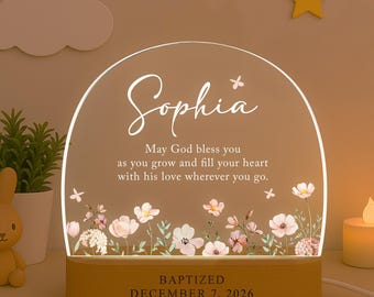 Personalized Baptism Night Light: Custom Girls Name Floral Acrylic Plaque