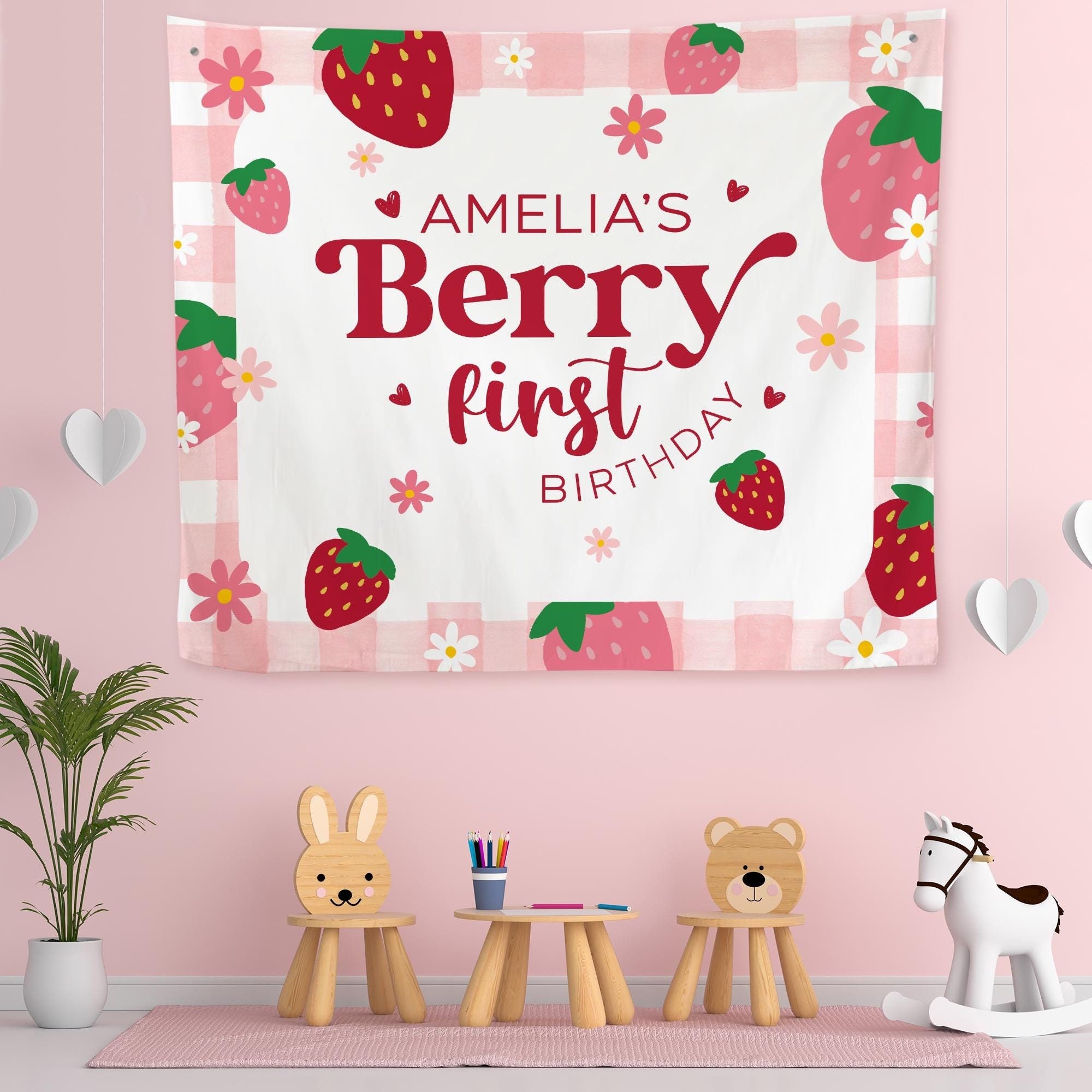 Personalized Berry First Birthday Decor, Custom First Birthday Part Banner, Strawberry Birthday Backdrop, 1st Birthday for Girls Tapestry