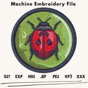 May include: Machine embroidery file design of a red ladybug with black spots on a green leaf. The design is in a circle with a dark blue outline. The file formats are listed below the design: DST, EXP, HUS, JEF, PES, VP3, XXX.