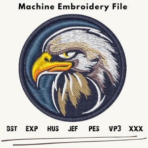 Peut inclure: Fichier de broderie machine d'une tête d'aigle bleue, blanche, brune et jaune. Le fichier est disponible aux formats DST, EXP, HUS, JEF, PES, VP3 et XXX.
