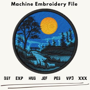 May include: A round machine embroidery design featuring a blue night sky with a large yellow moon, a silhouette of a tree, a bridge, and a river. The design is perfect for creating patches, appliques, or other embroidery projects.