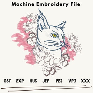 Cat Embroidery Design, Cat with Flowers embroidery files, Cat Flowers embroidery Patterns, Cat Machine Embroidery, Cat embroidery patch