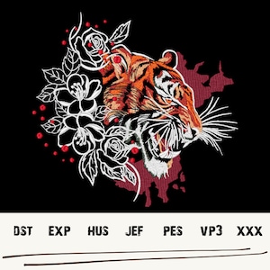May include: A roaring tiger's head with orange and black stripes, surrounded by white flowers and red dots on a black background.