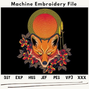 Fox Embroidery Design, Fox Flowers embroidery files, Fox embroidery Patterns, Fox Flowers Machine Embroidery, Fox Moon Embroidery Patch