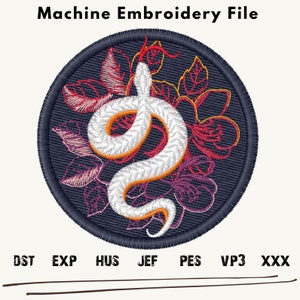May include: Machine embroidery file design featuring a white snake with orange accents, curled around pink and red flowers on a dark blue background.