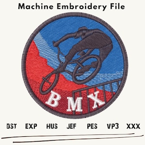 BMX Embroidery Design, BMX bike embroidery files, Bike Rider embroidery Patterns, Sport Bike Machine Embroidery, BMX Embroidery Circle Patch