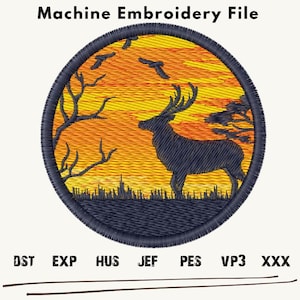 May include: Machine embroidery file design featuring a silhouette of a deer standing in a field with a sunset background. The design is in a circular shape with a dark blue outline.