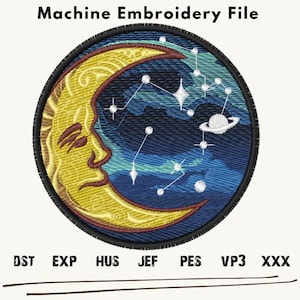 Moon Embroidery Design, Moon Sky embroidery files, Moon Stars embroidery Patterns, Moon Night Machine Embroidery, Moon Patch Embroidery