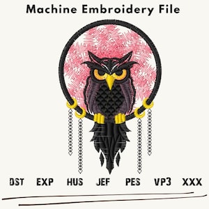 Owl Hibou Embroidery Design, Black Owl embroidery files, Owl Hibou Pink embroidery Patterns, Owl Machine Embroidery, Owl Bird Embroidery