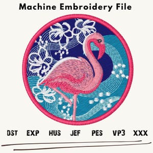 Peut inclure: Fichier de broderie machine représentant un flamant rose avec des fleurs blanches et des vagues d'eau bleues. Le motif est dans un cercle avec un contour rouge.