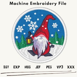 Gnome Embroidery Design, Red Gnome embroidery files, Gnome Snow embroidery Patterns, Gnome Machine Embroidery, Gnome Embroidery Patch Circle