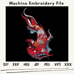 May include: Red and white koi fish embroidery design. Machine embroidery file for use with embroidery machines. File formats include DST, EXP, HUS, JEF, PES, VP3, and XXX.