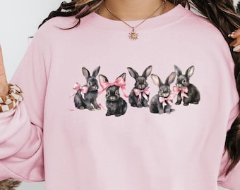 Black Bunnies with Pink Bows Sweatshirt Cute Bunny Lover Sweater Adorable Animal Graphic Sweater Easter Sweatshirt  Bunny Mama Sweater