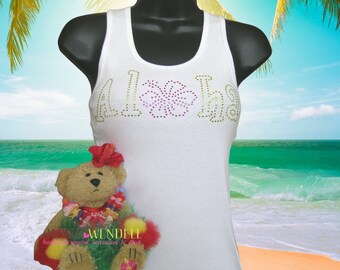 Rhinestone Aloha Tank Top: Hawaiian Hibiscus Flower Shirt
