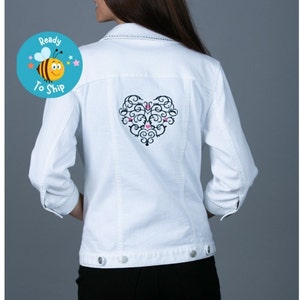 Bride Jean Jacket, Embroidered Heart Jean Jacket, White Denim Jacket, Gift Idea For Bride, OOAK Jean Jacket, Embroidered Heart,Ready To Ship