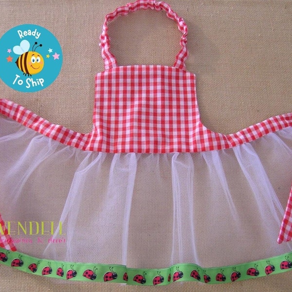 Adorable Gingham and Tulle Apron with Ladybug Trim for Toddler Girl Size 3, Perfect For Dress-Up, OOAK Handmade Gift Idea, Ready To Ship