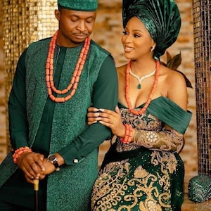 Nigerianische, afrikanische Braut und Bräutigam Brautkleider / Paare passende Outfits / traditionelle George Brautkleider / Plus Size AsoEbi / Igbo Hochzeit