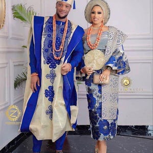 Nigerianische, afrikanische Braut und Bräutigam Brautkleider / Paare passende Outfits / nigerianische traditionelle AsoOke Danshiki Kleidung / Plus Size AsoEbi