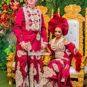 Nigerianische, afrikanische Braut und Bräutigam Brautkleider / Paare passende Outfits / traditionelle George Brautkleider / Plus Size AsoEbi / Igbo Hochzeit