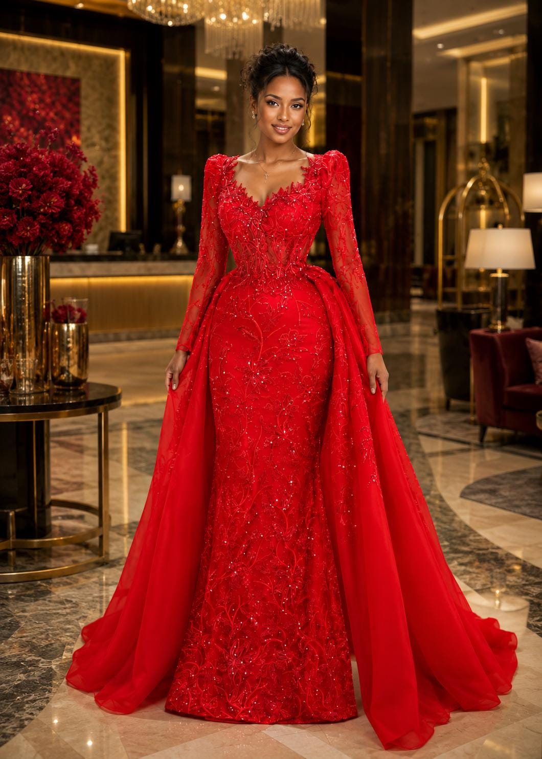 red african dresses design Red African Wax Shawl Collar Fit and Flare Wrap Dress
