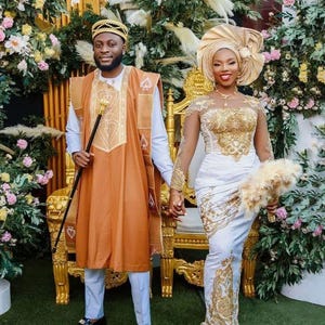 Nigerianische, afrikanische Braut und Bräutigam Brautkleider / Paare passende Outfits / traditionelle George Brautkleider / Plus Size AsoEbi / Igbo Hochzeit