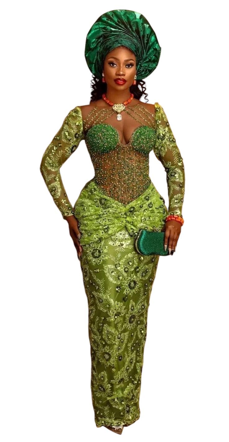 knee length dresses for ladies Olive Green Sheer Lace Bodice Chiffon Long Formal Dress – FancyVestido main image 1