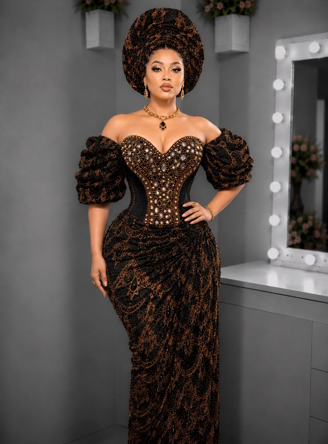 black and gold african dress Black and Gold George Bridal Outfit: Traditional African Wedding Dress