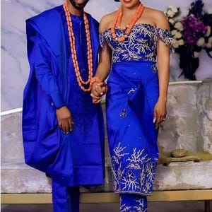 Nigerianische, afrikanische Braut und Bräutigam Brautkleider / Paare passende Outfits / traditionelle George Brautkleider / Plus Size AsoEbi / Igbo Hochzeit