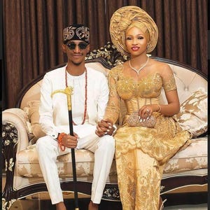 Nigerianische, afrikanische Braut und Bräutigam Brautkleider / Paare passende Outfits / traditionelle George Brautkleider / Plus Size AsoEbi / Igbo Hochzeit