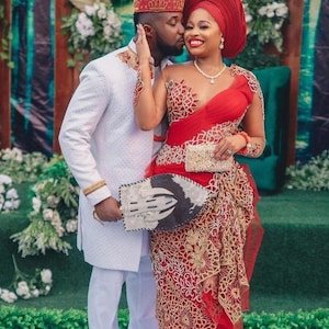 Nigerianische, afrikanische Braut und Bräutigam Brautkleider / Paare passende Outfits / traditionelle George Brautkleider / Plus Size AsoEbi / Igbo Hochzeit