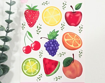 Hoja de pegatinas de frutas dibujadas a mano: planificador, diario, álbum de recortes