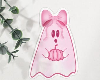 Pink Ghost Girl Sticker – Halloween Pastel with Bow, Water Resistant