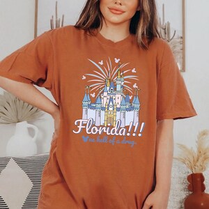 K&ouml;nnte beinhalten: Rostfarbenes T-Shirt mit einem Cartoon-Schloss, Feuerwerk und dem Text "Florida!!!" in Pink und "one hell of a drug" in Blau. Das Schloss hat blaue, rosa und gelbe Akzente. Das Shirt hat einen l&auml;ssigen, &uuml;bergro&szlig;en Stil.