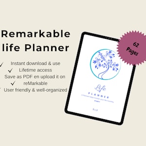 Op de afbeelding: Een digitale tablet waarop een levensplanner te zien is met een blauw boomontwerp en de tekst "Life Planner". De tablet staat op een lichtbeige achtergrond met een roze stervormige sticker waarop "62 Pagina's" staat.