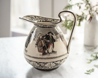 Antique Royal Doulton Burslem Large Skating Pitcher Circa 1907, Collectible Art Pottery From England, Winter Skate Scene Water Jug