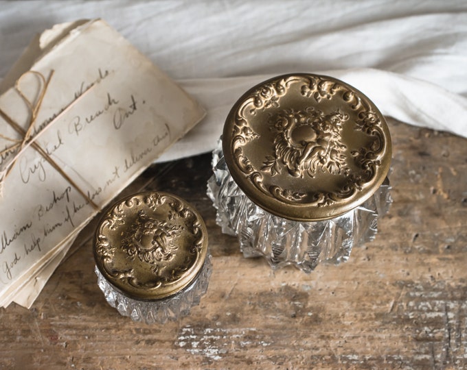 Antique Dresser Jar Set With Gilt Washed Embossed Brass Cherub Lids