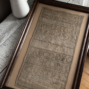 Antique Homespun Linen Alphabet Embroidery Sampler Signed Rebecca Patterson 1829 In Wood Frame, Collectible Textile Art 画像 3