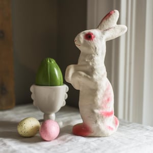 Vintage Standing Paper Pulp Pink and White Easter Bunny Candy Container