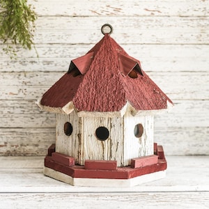 Vintage Painted Wood Octagonal Bird House - Cottagecore & Farmhouse Yard Decor