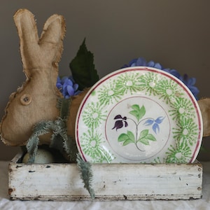 Early 19th Century Stick Spatterware Plate English Pottery W/Hand Painted Green Floral Rim W/ Floral Center Bouquet, Wedding Gift