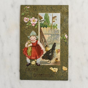 Antique Easter Post Card Easter Greetings Dutch Girl With Chickens & Chicks, Vintage Collectible Holiday Ephemera image 5