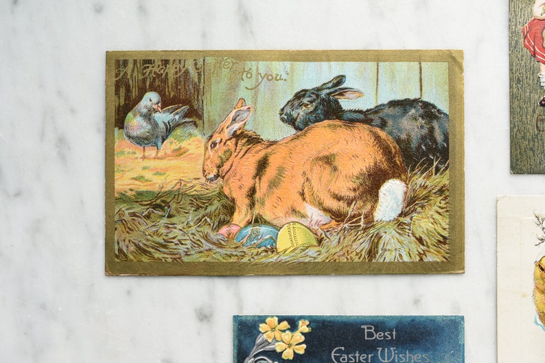 Ancienne carte postale de Pâques Joyeuses Pâques à vous Lapins avec pigeon et oeufs de Pâques, objets éphémères de vacances à collectionner vintage image 3