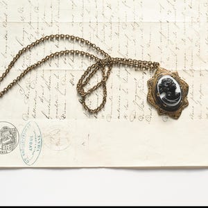 Victorian Black Glass Cameo Pendant: Antique Gilt Brass Necklace