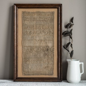 Antique Homespun Linen Alphabet Embroidery Sampler Signed Rebecca Patterson 1829 In Wood Frame, Collectible Textile Art 画像 2
