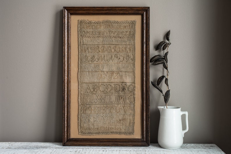 Antique Homespun Linen Alphabet Embroidery Sampler Signed Rebecca Patterson 1829 In Wood Frame, Collectible Textile Art 画像 2