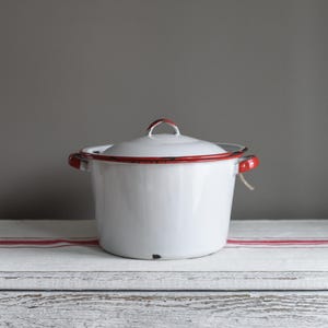 Vintage Red Rimmed Enamel Pot With Lid, Valentines Day Decor, Farmhouse & Cottagecore Kitchen