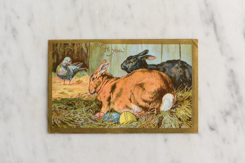 Ancienne carte postale de Pâques Joyeuses Pâques à vous Lapins avec pigeon et oeufs de Pâques, objets éphémères de vacances à collectionner vintage image 7