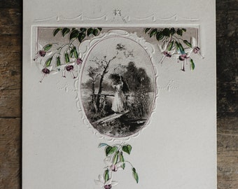 Carte postale de Pâques en relief antique sentimentale avec figure de femme, carte de vœux de Pâques, objets de collection éphémères